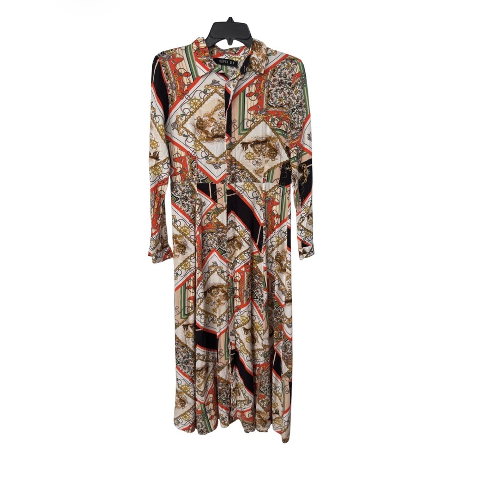 Refka Womens Scarf Print Maxi Shirt Dress Long Sleeve Button Front Multi Color 6